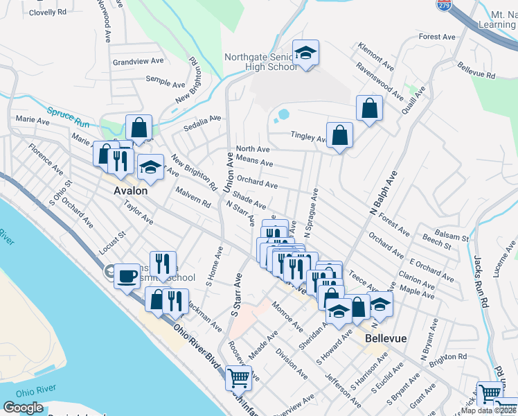 map of restaurants, bars, coffee shops, grocery stores, and more near 689 Shade Avenue in Pittsburgh