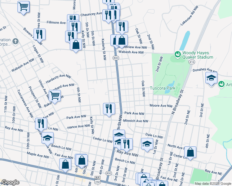 map of restaurants, bars, coffee shops, grocery stores, and more near 422 Ross Avenue Northwest in New Philadelphia