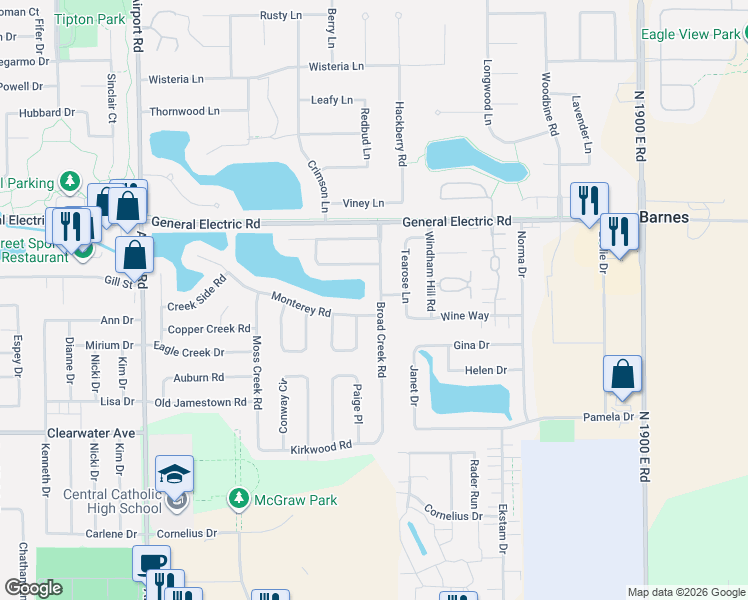 map of restaurants, bars, coffee shops, grocery stores, and more near 1404 Broad Creek Road in Bloomington