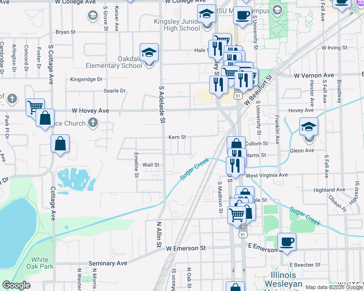 map of restaurants, bars, coffee shops, grocery stores, and more near 1006 Howard Street in Normal