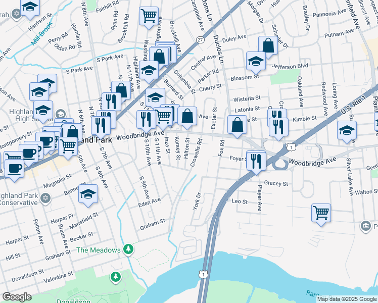 map of restaurants, bars, coffee shops, grocery stores, and more near 229 Hilton Street in Highland Park