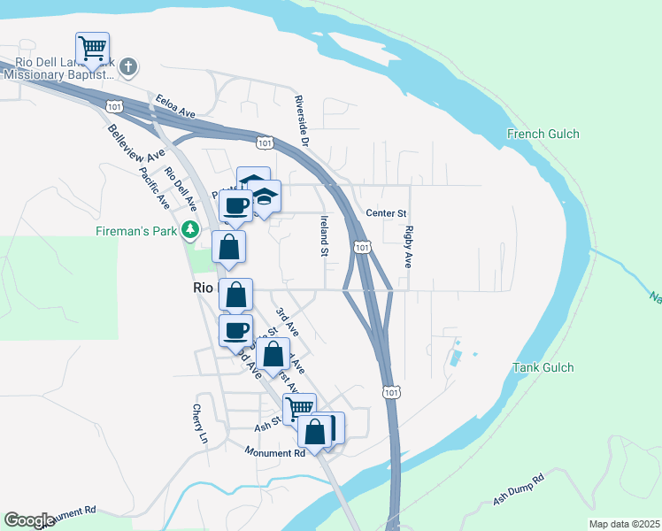 map of restaurants, bars, coffee shops, grocery stores, and more near 730 Ireland Street in Rio Dell