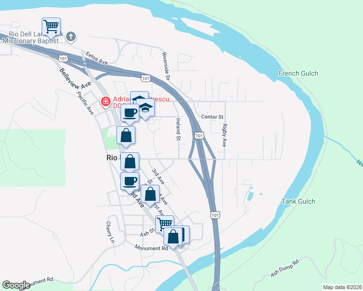 map of restaurants, bars, coffee shops, grocery stores, and more near 728 Ireland Street in Rio Dell