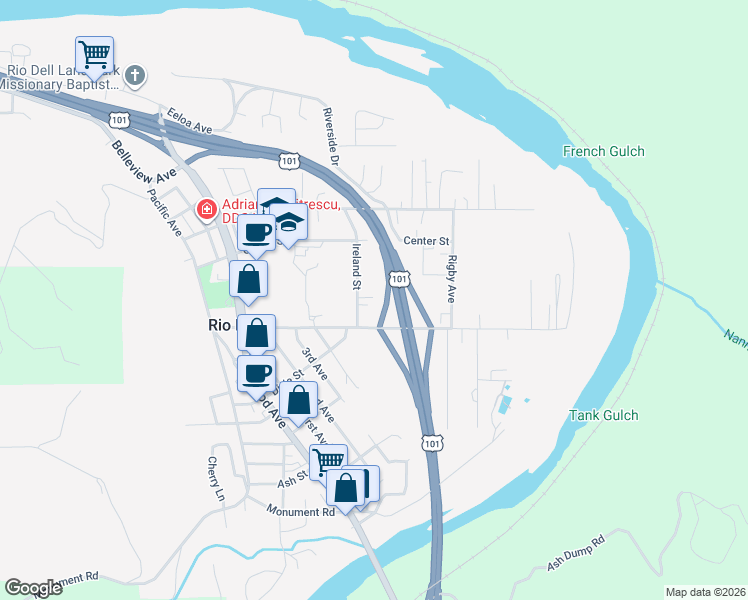map of restaurants, bars, coffee shops, grocery stores, and more near 730 Ireland Street in Rio Dell