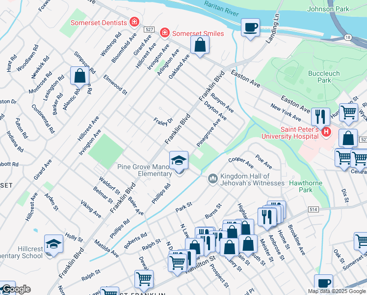 map of restaurants, bars, coffee shops, grocery stores, and more near 6 Robert C Keri Court in Franklin Township