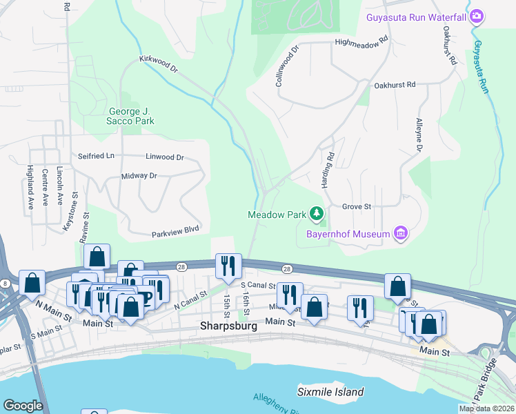 map of restaurants, bars, coffee shops, grocery stores, and more near 85 Kittanning Pike in Pittsburgh