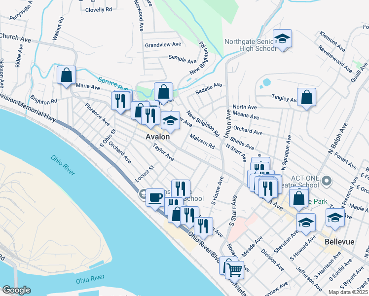 map of restaurants, bars, coffee shops, grocery stores, and more near in Avalon