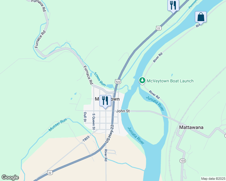 map of restaurants, bars, coffee shops, grocery stores, and more near 9 Furnace Road in McVeytown