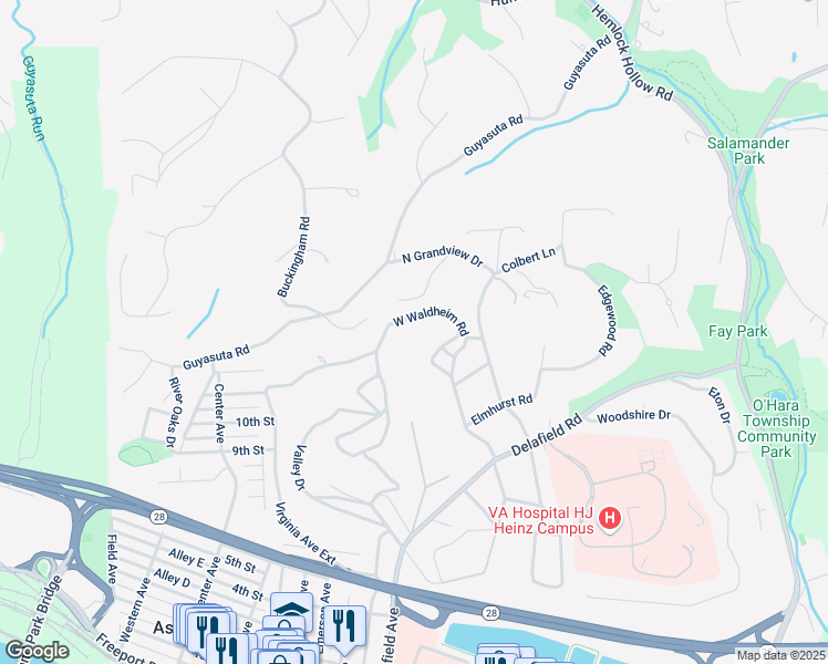 map of restaurants, bars, coffee shops, grocery stores, and more near 634 West Waldheim Road in Pittsburgh