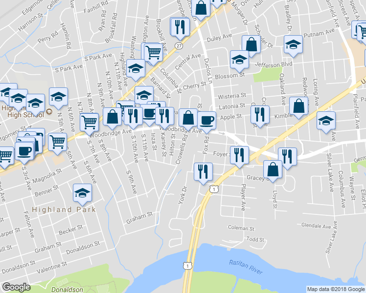 map of restaurants, bars, coffee shops, grocery stores, and more near 233 Crowells Road in Edison
