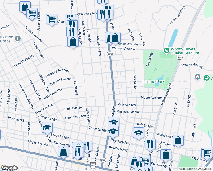 map of restaurants, bars, coffee shops, grocery stores, and more near 422 Ross Avenue Northwest in New Philadelphia