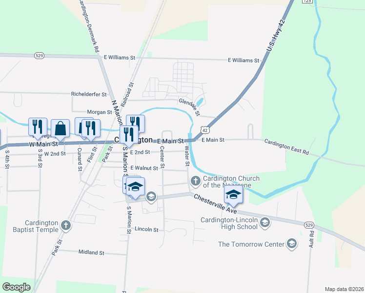 map of restaurants, bars, coffee shops, grocery stores, and more near 202 Water Street in Cardington