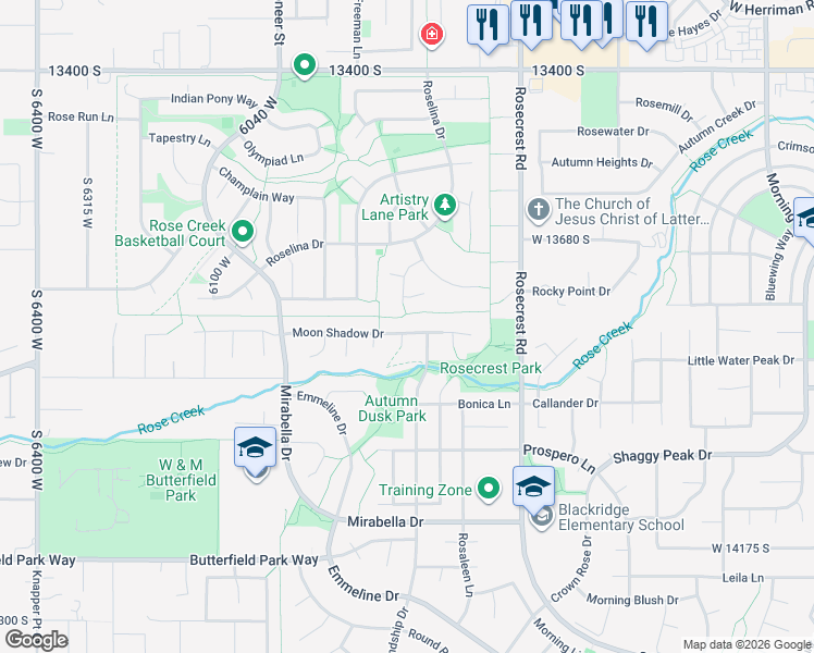 map of restaurants, bars, coffee shops, grocery stores, and more near 5786 Moon Shadow Drive in Herriman