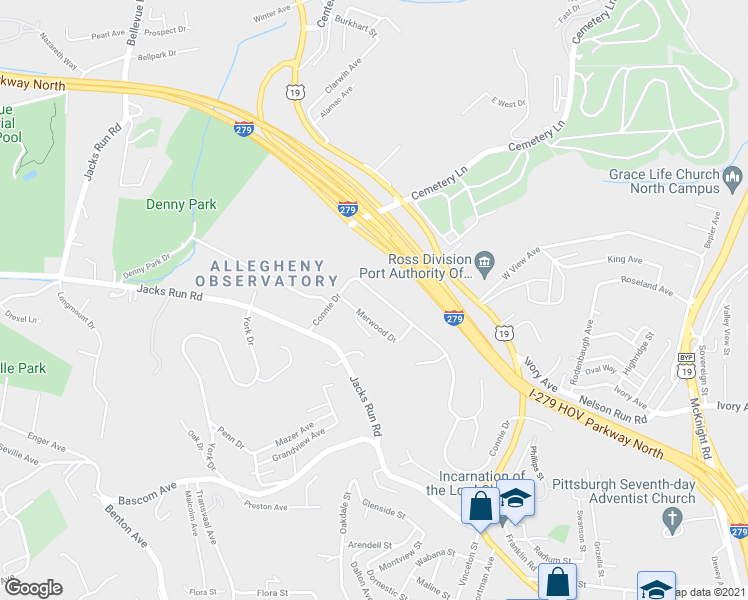 map of restaurants, bars, coffee shops, grocery stores, and more near 132 Connie Drive in Pittsburgh