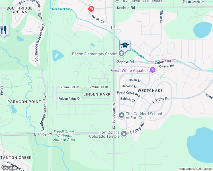 map of restaurants, bars, coffee shops, grocery stores, and more near 2027 Prairie Hill Drive in Fort Collins