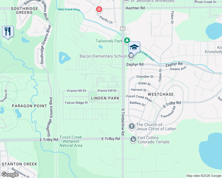 map of restaurants, bars, coffee shops, grocery stores, and more near 2027 Prairie Hill Drive in Fort Collins
