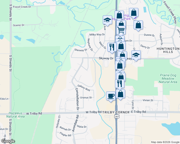 map of restaurants, bars, coffee shops, grocery stores, and more near 369 Aurora Way in Fort Collins