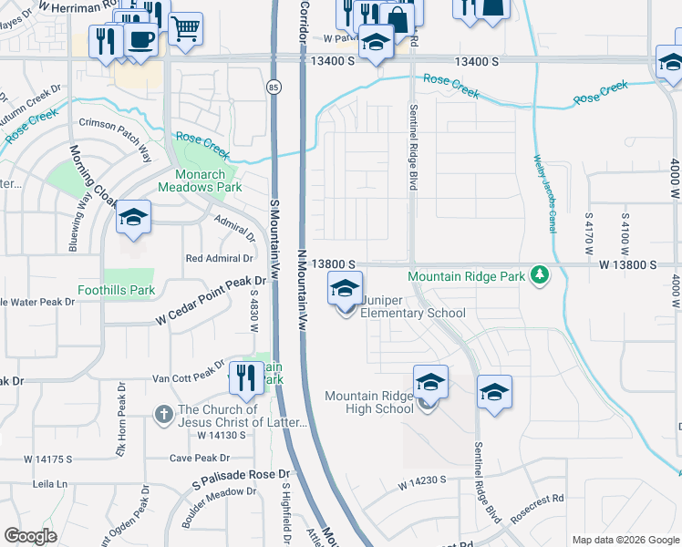 map of restaurants, bars, coffee shops, grocery stores, and more near Mountain View Corridor in Riverton
