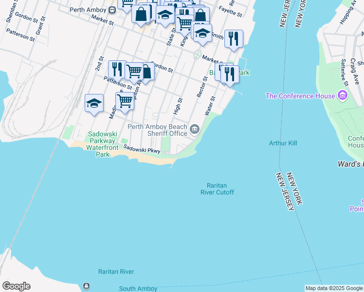 map of restaurants, bars, coffee shops, grocery stores, and more near 37 Water Street in Perth Amboy