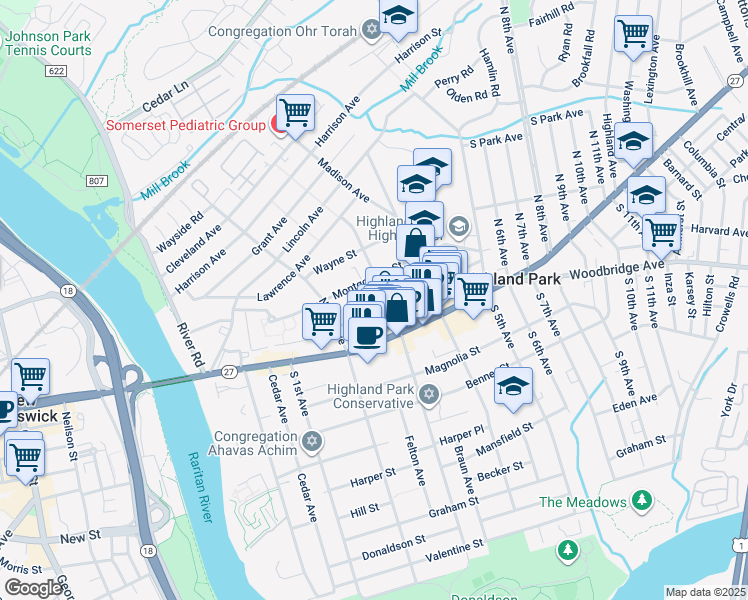map of restaurants, bars, coffee shops, grocery stores, and more near 15 North 3rd Avenue in Highland Park