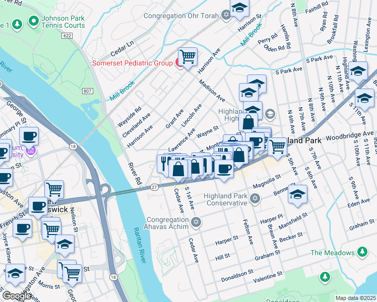 map of restaurants, bars, coffee shops, grocery stores, and more near 95 Montgomery Street in Highland Park