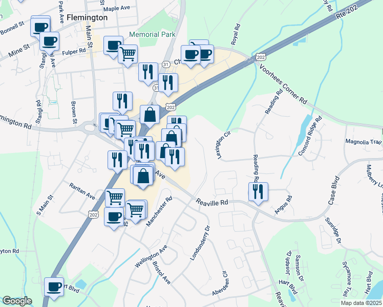 map of restaurants, bars, coffee shops, grocery stores, and more near 116 Westminster Place in Flemington