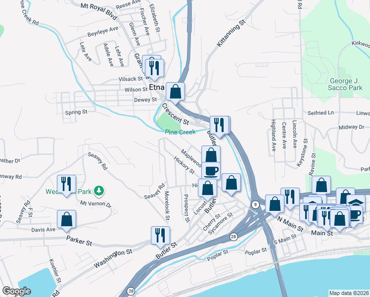 map of restaurants, bars, coffee shops, grocery stores, and more near 53 Maplewood Street in Pittsburgh