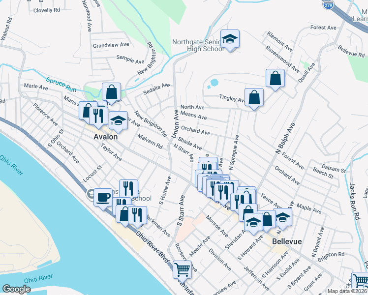 map of restaurants, bars, coffee shops, grocery stores, and more near 97 North Starr Avenue in Pittsburgh
