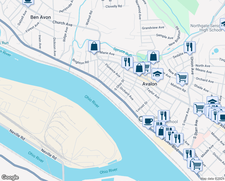 map of restaurants, bars, coffee shops, grocery stores, and more near 101 Ohio Avenue in Pittsburgh