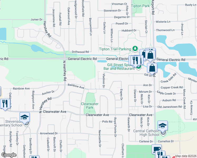 map of restaurants, bars, coffee shops, grocery stores, and more near 1 Keisha Drive in Bloomington