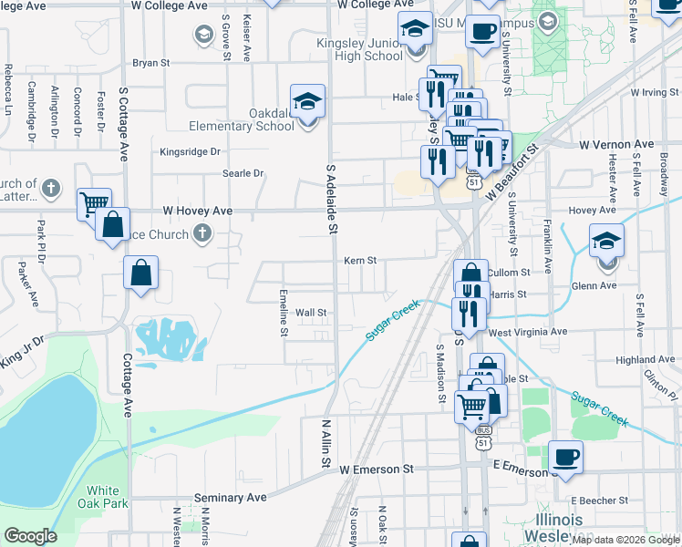 map of restaurants, bars, coffee shops, grocery stores, and more near 1004 1/2 South Adelaide Street in Normal