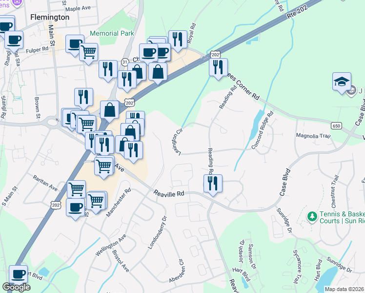 map of restaurants, bars, coffee shops, grocery stores, and more near 24 Lexington Circle in Flemington