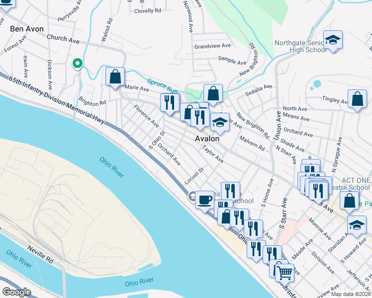 map of restaurants, bars, coffee shops, grocery stores, and more near 212 South Birmingham Avenue in Pittsburgh