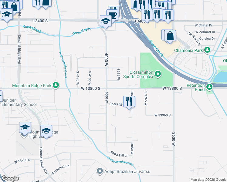 map of restaurants, bars, coffee shops, grocery stores, and more near 3959 West 13800 South in Bluffdale