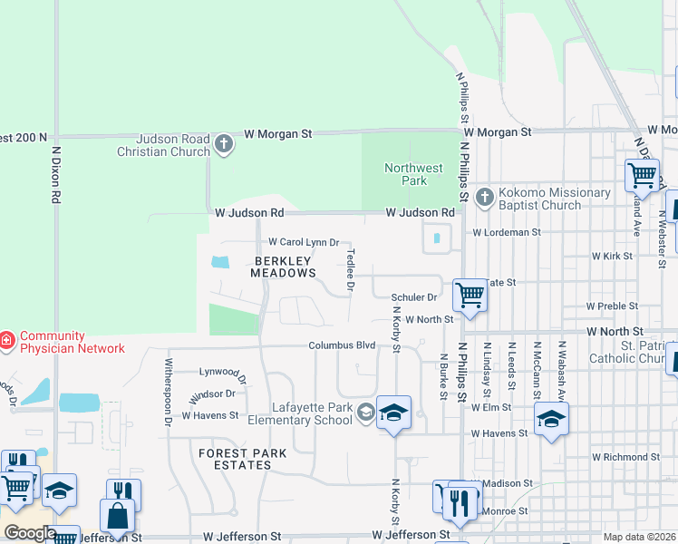 map of restaurants, bars, coffee shops, grocery stores, and more near 1315 Tedlee Drive in Kokomo
