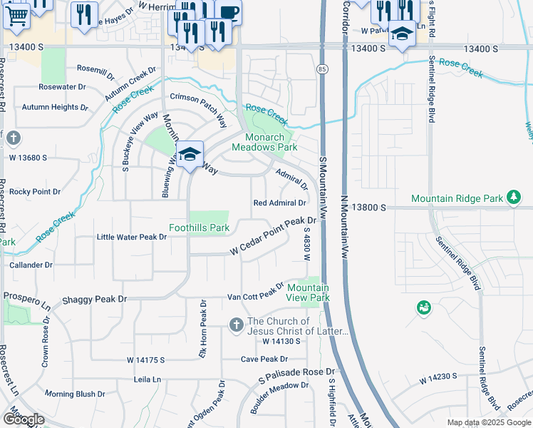 map of restaurants, bars, coffee shops, grocery stores, and more near 13831 Little Water Peak Drive in Riverton