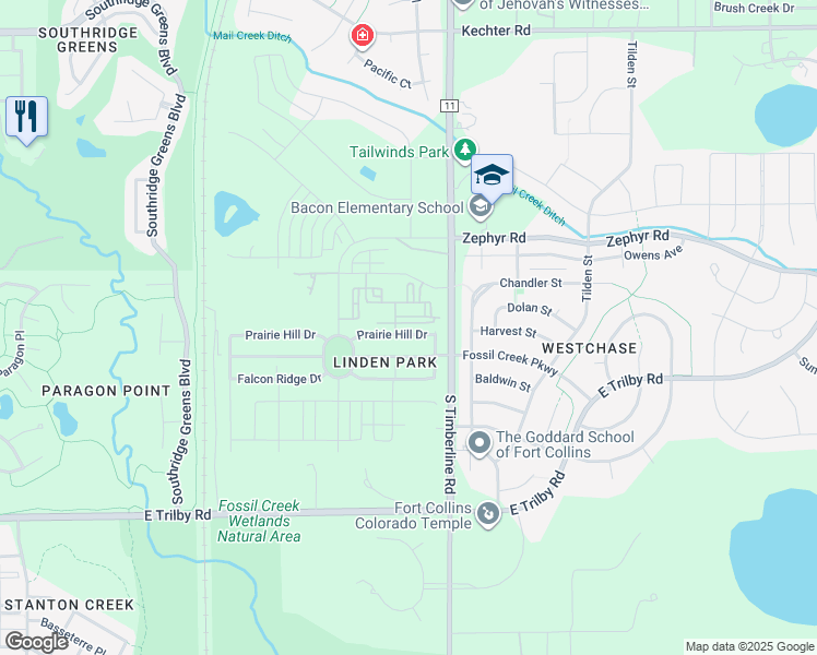 map of restaurants, bars, coffee shops, grocery stores, and more near 2027 Prairie Hill Drive in Fort Collins