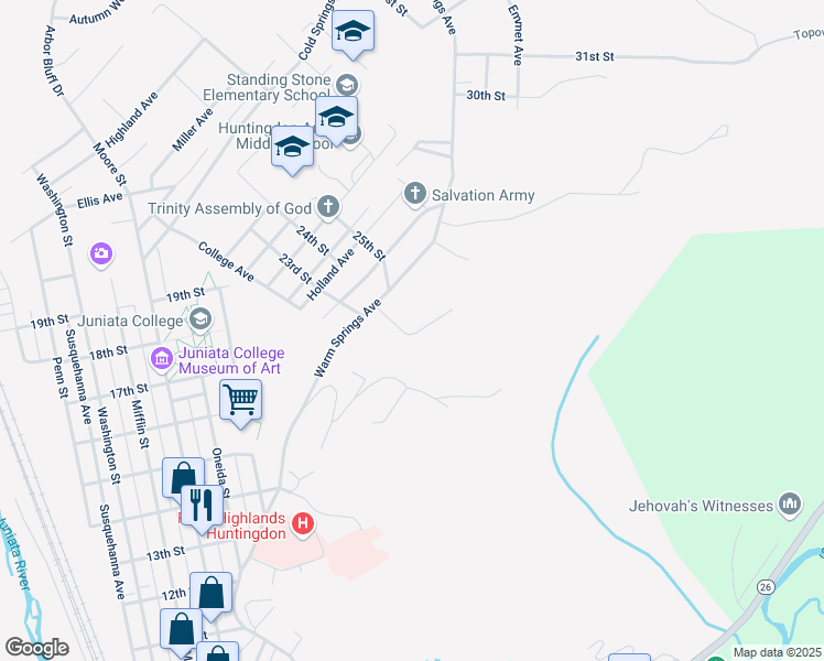 map of restaurants, bars, coffee shops, grocery stores, and more near 2309 Warm Springs Avenue in Huntingdon