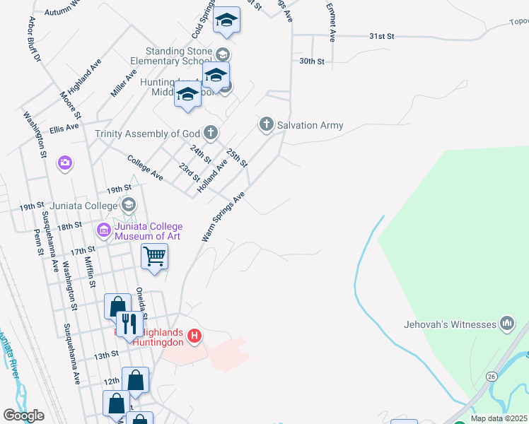 map of restaurants, bars, coffee shops, grocery stores, and more near 2309 Warm Springs Avenue in Huntingdon
