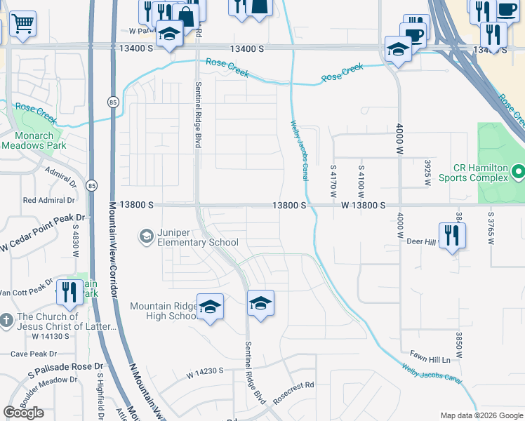 map of restaurants, bars, coffee shops, grocery stores, and more near 4353 Pillars Ridge Lane in Herriman