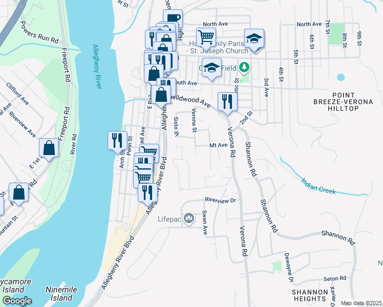 map of restaurants, bars, coffee shops, grocery stores, and more near 6745 Verona Street in Verona