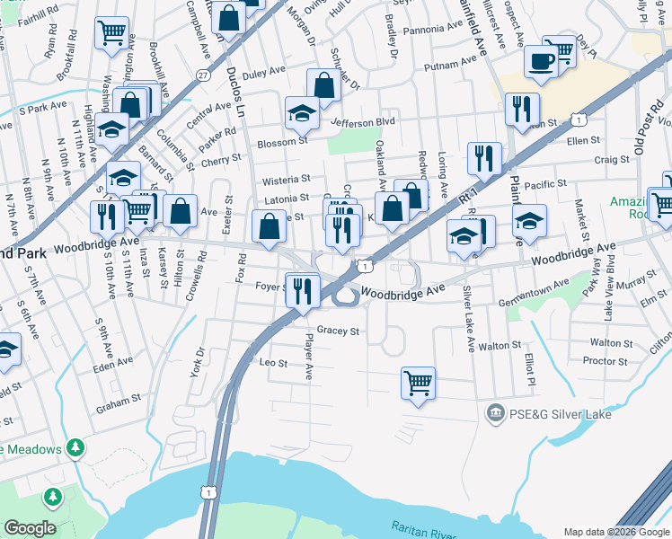 map of restaurants, bars, coffee shops, grocery stores, and more near 7 Garden Street in Edison