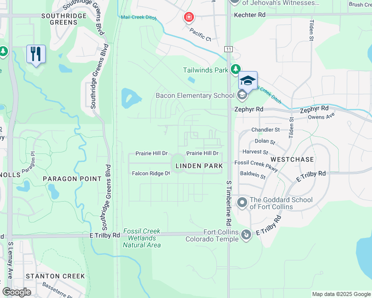 map of restaurants, bars, coffee shops, grocery stores, and more near 1903 Prairie Hill Drive in Fort Collins