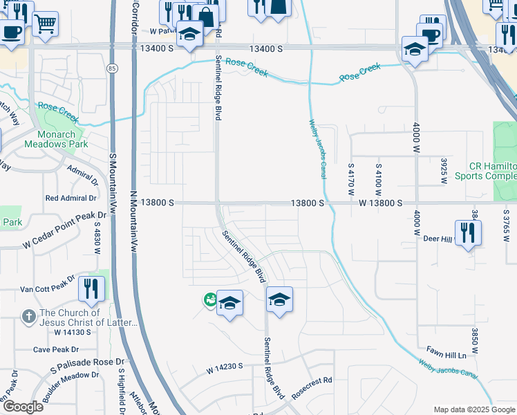 map of restaurants, bars, coffee shops, grocery stores, and more near West 13800 South in Bluffdale