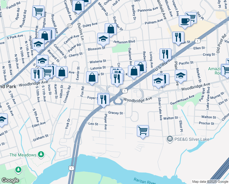 map of restaurants, bars, coffee shops, grocery stores, and more near 7 Garden Street in Edison