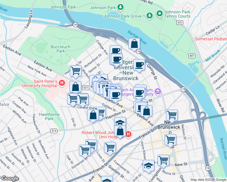 map of restaurants, bars, coffee shops, grocery stores, and more near 30 Prosper Street in New Brunswick