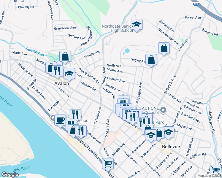 map of restaurants, bars, coffee shops, grocery stores, and more near 97 North Starr Avenue in Pittsburgh