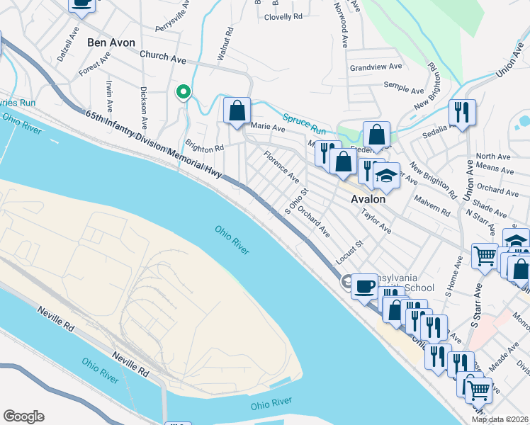 map of restaurants, bars, coffee shops, grocery stores, and more near 410 Ohio River Boulevard in Pittsburgh