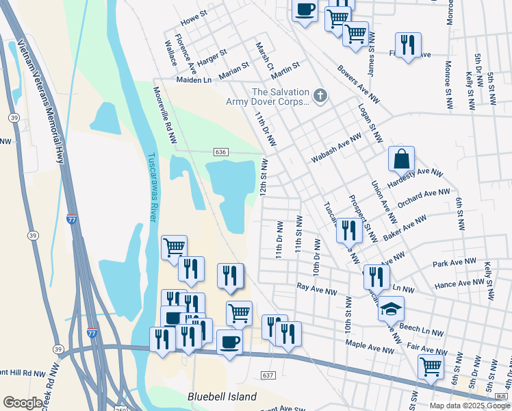 map of restaurants, bars, coffee shops, grocery stores, and more near 708 12th Street Northwest in New Philadelphia