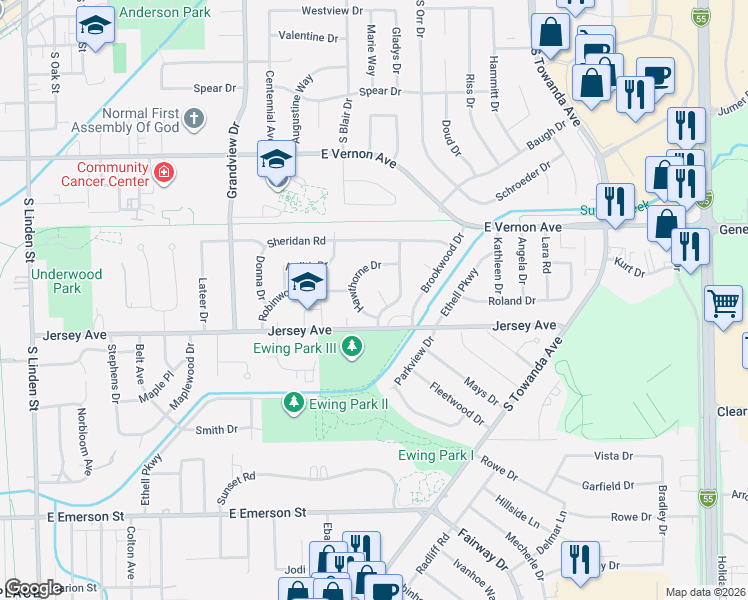 map of restaurants, bars, coffee shops, grocery stores, and more near 5 Hawthorne Drive in Normal
